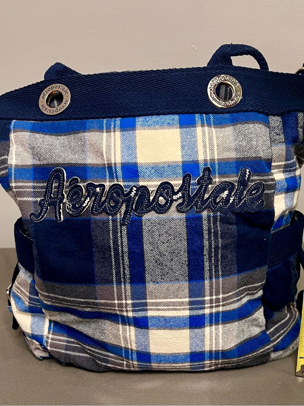 VTG Y2K 90s Aeropostale Lightweight Blue & Gray Plaid Material Shoulder Tote Bag - Picture 9 of 11